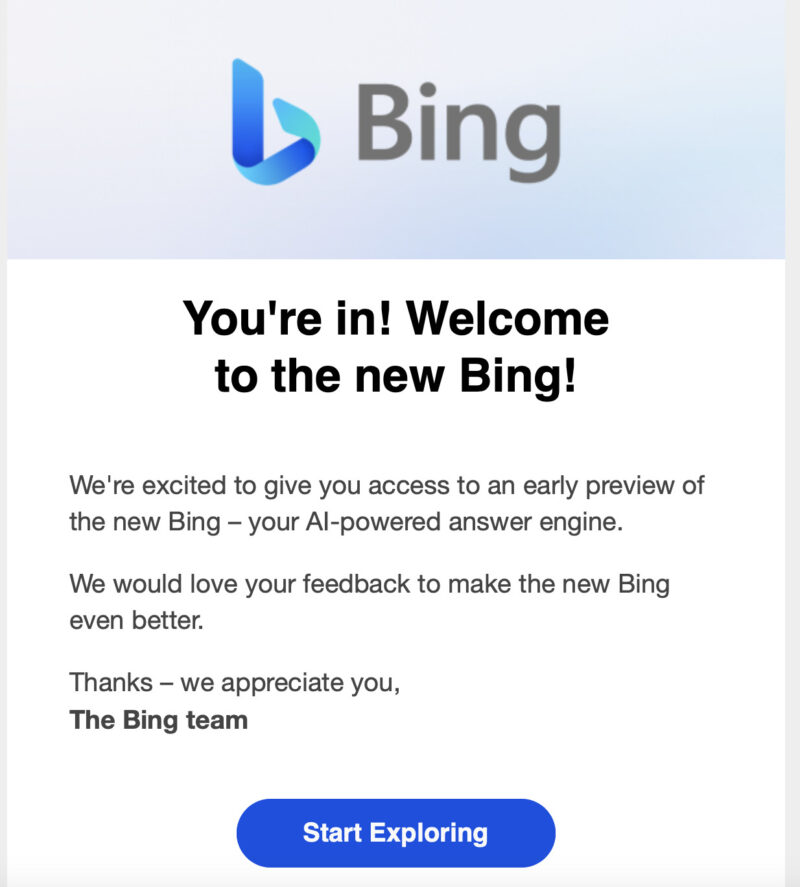 Bingのチャット機能が使えるようになったことを知らせるメール