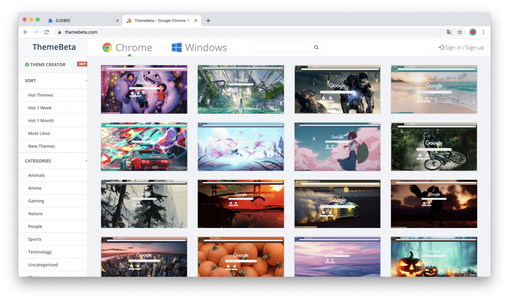 ChromeでThemeBeta.comのトップページを開いた画面