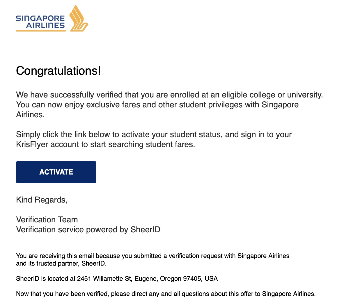 シンガポール航空から届くメールのACTIVATEボタンで学割を有効化する